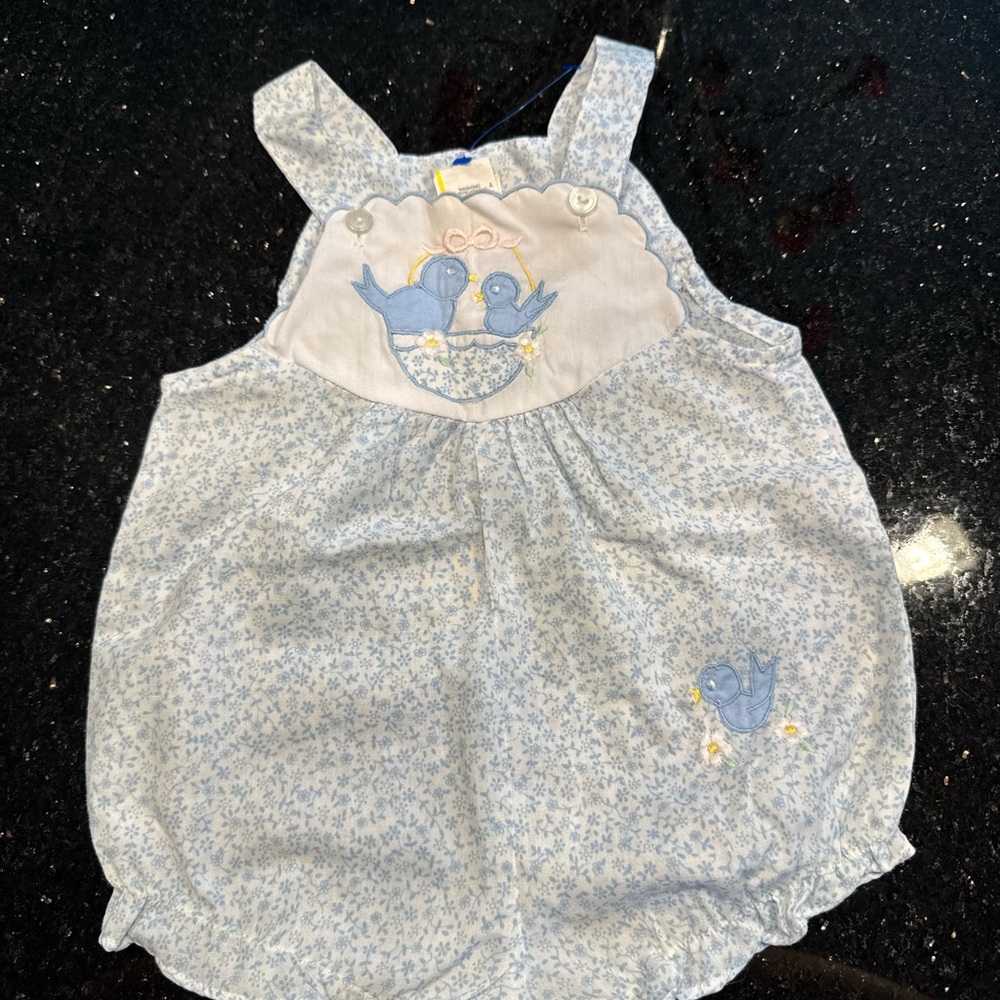 Vintage Blue Floral Baby Romper with Bird Embroidery